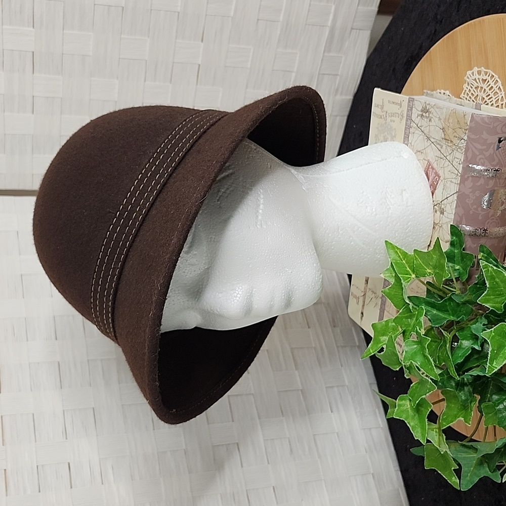 👉*VTG STYLE* CHOCOLATE BROWN WOOL CLOCHE HAT WITH WIDE BRIM ~AUTUMN WINTER